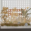 Floral Art Display With Golden Foliage Grid Backdrop And Round Lanterns On Concrete Base
