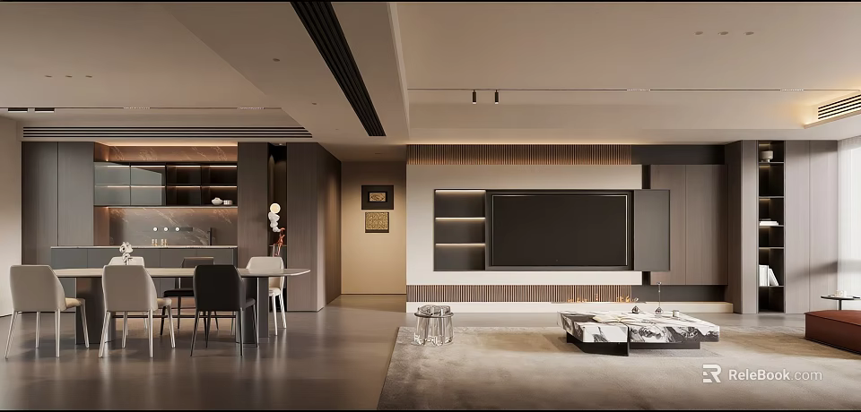 Modern Open Living And Dining Room Interior Design With TV Wall Dining Table And Sofa 3d model 