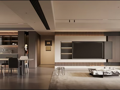 Modern Open Living And Dining Room Interior Design With TV Wall Dining Table And Sofa 3d model