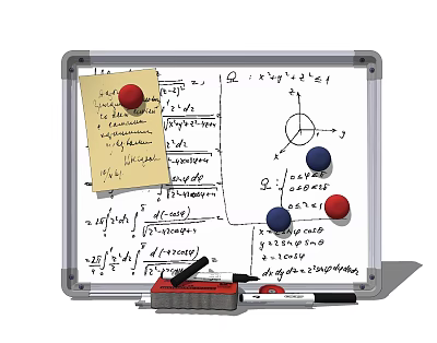Hanging Red and Blue Magnets on Whiteboard with Math Equations Diagram and Sticky Note 3d model