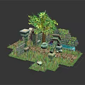 Cartoon Scene With Green Tree Stone Structures Small Pond Grass And Stone Path
