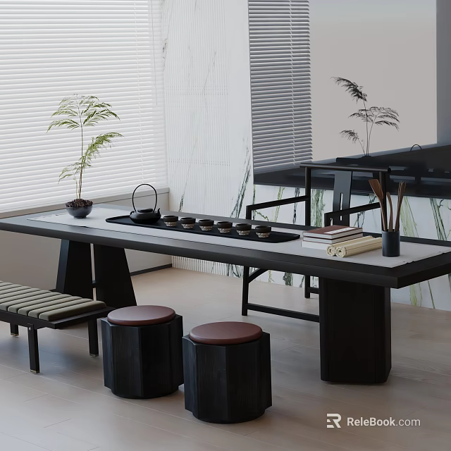 Modern Tea Room Interior With Long Table Tea Set Stools And Green Plants 3d model 