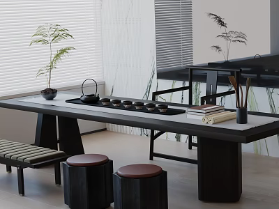 Modern Tea Room Interior With Long Table Tea Set Stools And Green Plants 3d model