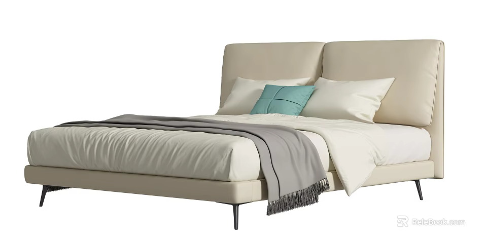 Modern Beige Upholstered Double Bed With White Sheets Gray Throw And Light Blue Cushion 3d model