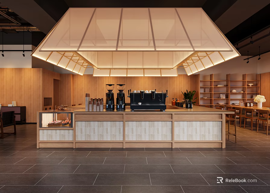 Modern Wooden Cafe Interior With Large Ceiling Light Coffee Machines And Shelves 3d model 