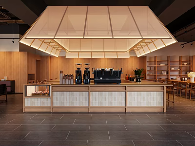 Modern Wooden Cafe Interior With Large Ceiling Light Coffee Machines And Shelves 3d model