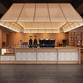 Modern Wooden Cafe Interior With Large Ceiling Light Coffee Machines And Shelves