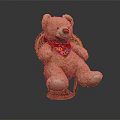 Cute Brown Teddy Bear Sitting on Wicker Chair with Red Scarf and Colorful Patterns