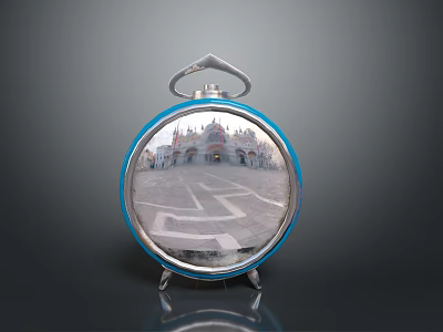 Round Alarm Clock With Reflective Face Showing Building And Plaza 3d model