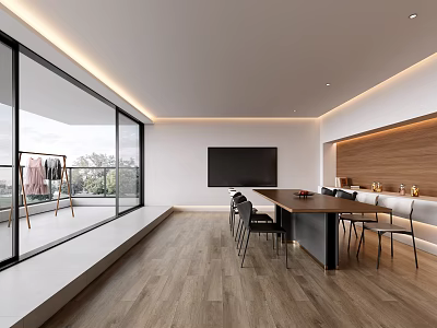 Modern Restaurant Interior Design With Open Concept Dining Area Wooden Wall And Large Windows 3d model