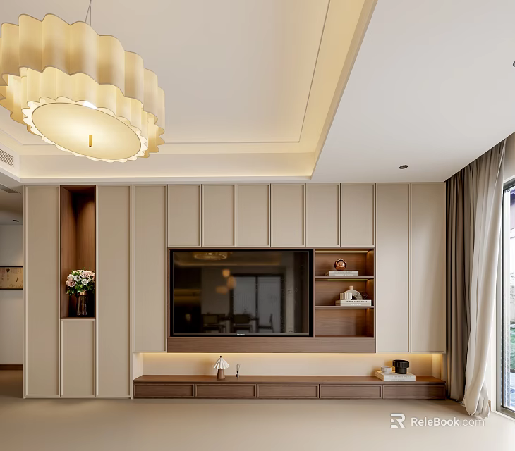 Modern TV Wall Design with Built in TV Wooden Shelf Neutral Tones and Ceiling Light 3d model 
