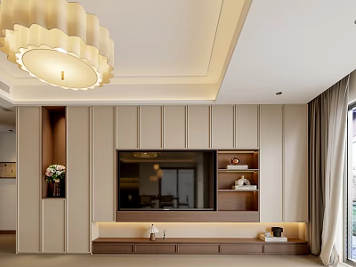 Modern TV Wall Design with Built in TV Wooden Shelf Neutral Tones and Ceiling Light 3d model