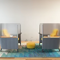 Yellow Leisure Chair with Matching Stool on Blue Green Wavy Pattern Rug Wooden Floor