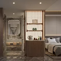 Modern Hotel Room Interior With Wooden Partition Open Shelves Connected Bathroom And Cozy Bed