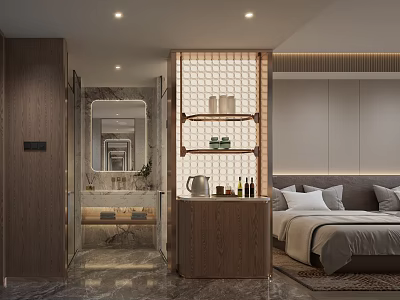 Modern Hotel Room Interior With Wooden Partition Open Shelves Connected Bathroom And Cozy Bed 3d model