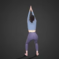 Woman Practicing Yoga Stretch With Raised Arms In Light Blue Top And Purple Leggings