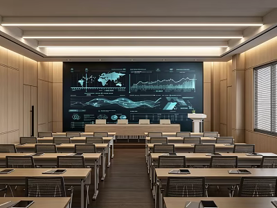 Modern Conference Room With Large Screen World Map Charts Lectern And Neatly Arranged Desks 3d model