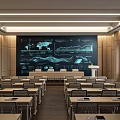 Modern Conference Room With Large Screen World Map Charts Lectern And Neatly Arranged Desks