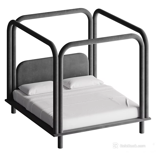 Modern Double Bed With Black Metal Frame Gray Padded Headboard And White Sheets 3d model 