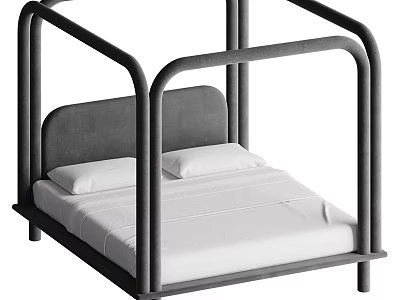 Modern Double Bed With Black Metal Frame Gray Padded Headboard And White Sheets 3d model