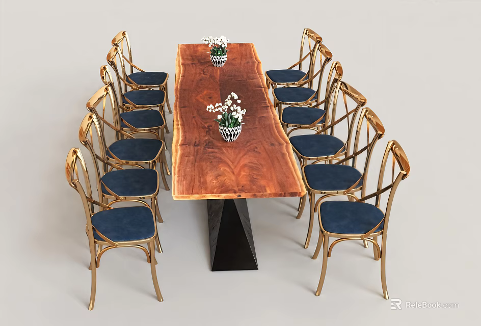 Elegant Dining Table Set With Long Wooden Top Black Base Golden Chairs And Blue Cushions 3d model 