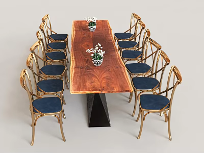 Elegant Dining Table Set With Long Wooden Top Black Base Golden Chairs And Blue Cushions 3d model