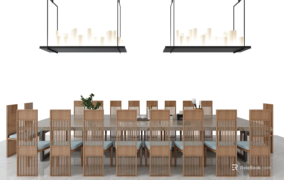 Modern Conference Table with Wooden Chairs Green Plant and Hanging Pendant Lights 3d model 