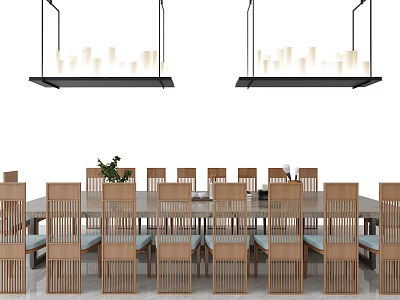 Modern Conference Table with Wooden Chairs Green Plant and Hanging Pendant Lights 3d model