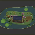 Cartoon Scene With Blue Platform Green Lotus Leaves Decorative Sofa Musical Instrument And Greenery