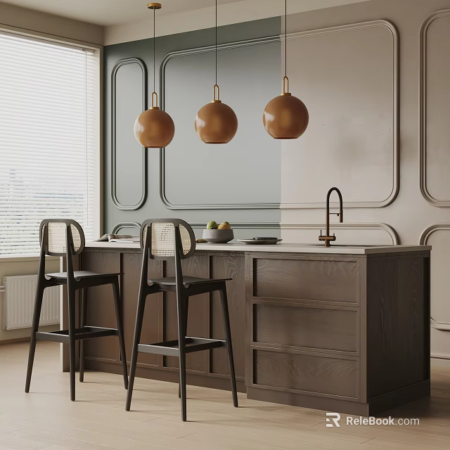 Elegant Bar Counter With Wooden Countertop Brass Pendant Lights Black Bar Stools And Faucet 3d model 