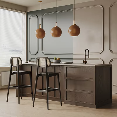 Elegant Bar Counter With Wooden Countertop Brass Pendant Lights Black Bar Stools And Faucet 3d model