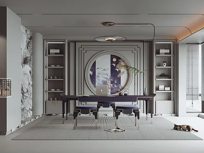 Modern Traditional Study Room With Bookshelves Desk And Cat 3d model