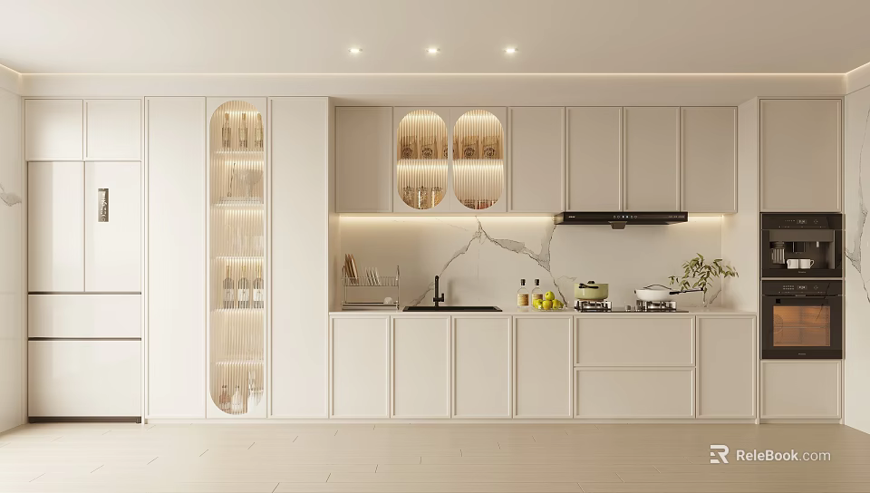 Modern Kitchen Sideboard Design With White Cabinets Glass Doors And Lighting 3d model 