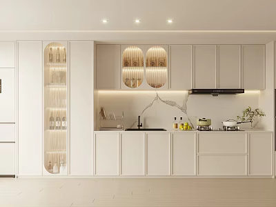 Modern Kitchen Sideboard Design With White Cabinets Glass Doors And Lighting 3d model