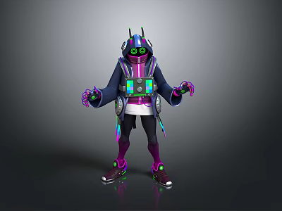 Futuristic Cyberpunk Character With Neon Green Eyes Glowing Tech Backpack Dark Coat Purple Accents 3d model