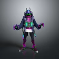 Futuristic Cyberpunk Character With Neon Green Eyes Glowing Tech Backpack Dark Coat Purple Accents