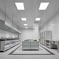 Commercial Kitchen With White Tiled Walls Stainless Steel Refrigerators Worktable Gray Floor Tiles Recessed Lights