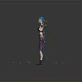 Cool 3D Character With Blue Hair Arms Outstretched Purple Liquid And Crystals