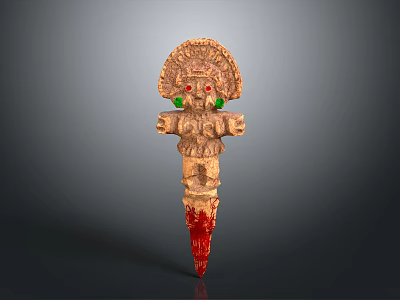 Ancient Decorative Weapon With Carved Head Red Eyes Green Ornaments And Red Tip 3d model