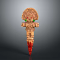 Ancient Decorative Weapon With Carved Head Red Eyes Green Ornaments And Red Tip