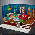 Christmas Themed Indoor Room With Blue Walls Christmas Tree Red Sofa Bookshelf And Snowman Decoration
