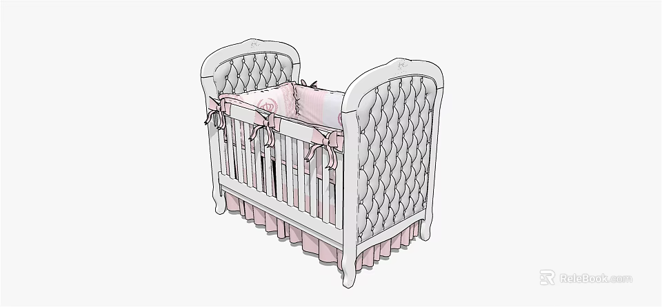 White Baby Crib With Diamond Pattern And Pink Bedding Skirt Bows 3d model 