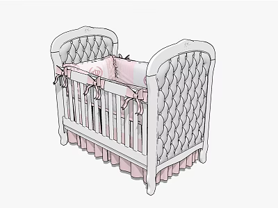 White Baby Crib With Diamond Pattern And Pink Bedding Skirt Bows 3d model
