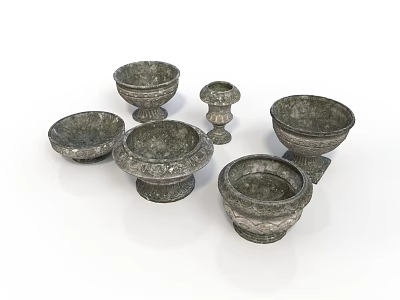 Vintage Stoneware Bowls And Cups With Pedestals In Various Decorative Shapes 3d model