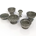 Vintage Stoneware Bowls And Cups With Pedestals In Various Decorative Shapes