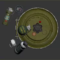 3D Rendered Weapons Featuring Green Circular Mine Safety Grenade Red Spray Can And Black Fuse