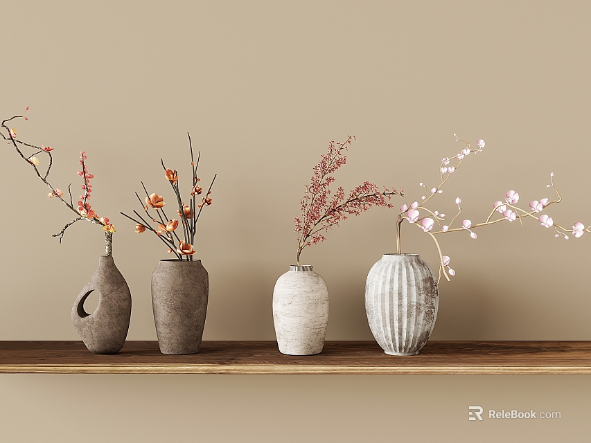 Ceramic Vases with Pink Red Blooming Branches on Wooden Shelf Against Neutral Wall 3d model 