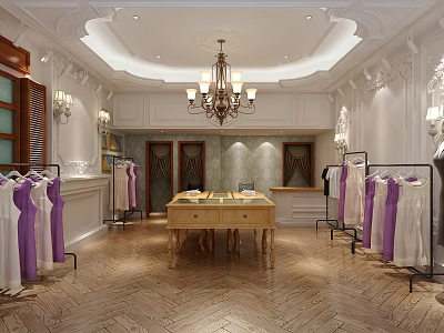 Elegant Clothing Store Interior With Chandelier Wooden Table And Hanging Purple White Garments 3d model