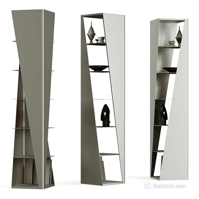 Sleek Modern Bookcase With Open Shelves Decorative Sculptures And Ceramic Bowls 3d model 