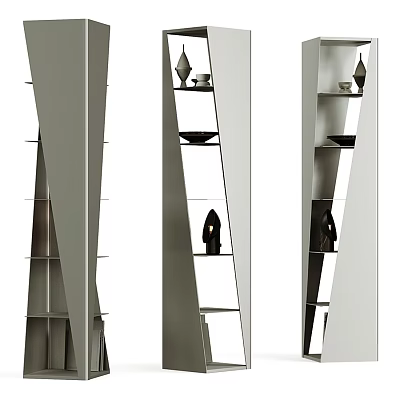 Sleek Modern Bookcase With Open Shelves Decorative Sculptures And Ceramic Bowls 3d model